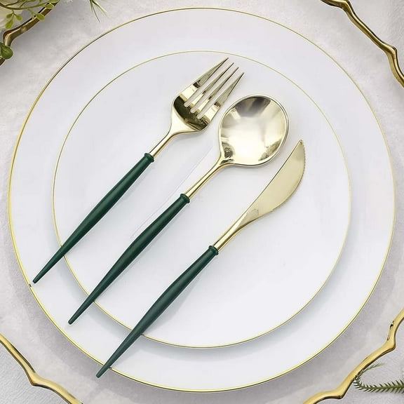 Efavormart 24 Pack | 8" Metallic Gold With Hunter Emerald Green Utensil Set, Modern Premium Plastic Silverware Set