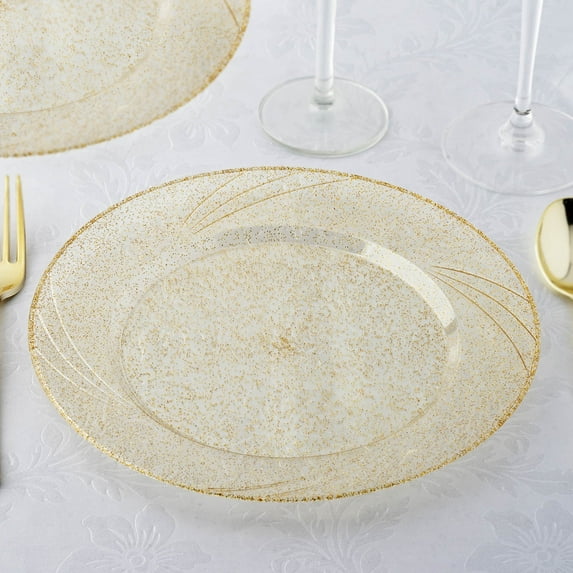 Efavormart 24 Pack - 9" Gold Glitter Plastic Disposable Dinner Plates Round With Shiny Gold Rim