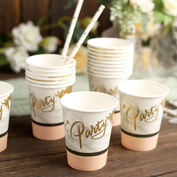 Efavormart 24 Pack | 9oz Blush/Rose Gold Marble Paper Cups, Disposable Cups For Party & All Purpose Use