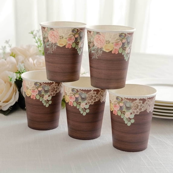 Efavormart 24 Pack Brown Rustic Wood Print Paper Cups with Floral Lace Rim, Disposable Party Cups - 9oz