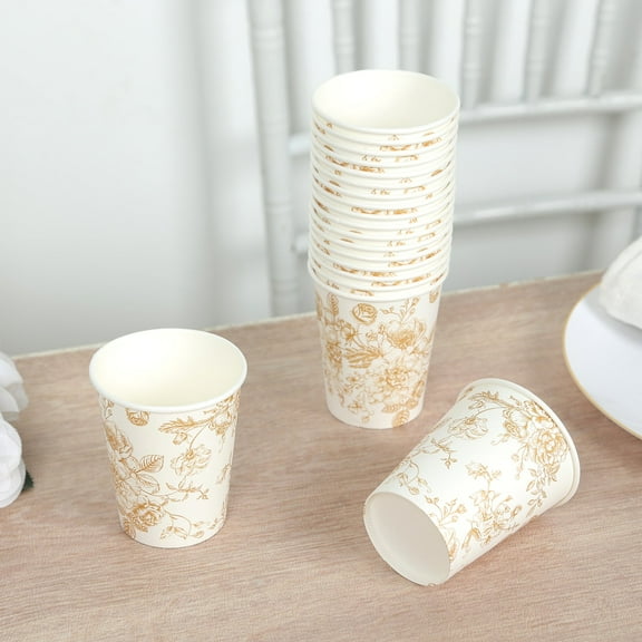 Efavormart 24 Pack French Toile Paper Cups, White Gold Elegant Disposable Party Cups - 9oz