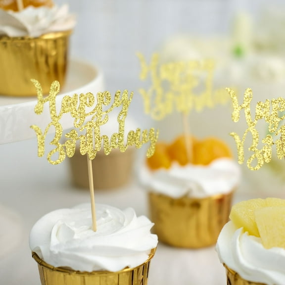 Efavormart 24 Pack | Glitter Gold Happy Birthday Cupcake Toppers, Cake Picks, Party Decoration Supplies