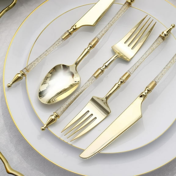 Efavormart 24 Pack | Gold / Clear Glittered European Plastic Utensil Set With Roman Column Handle, Disposable Fork, Spoon And Knife Silverware