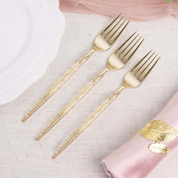 Efavormart 24 Pack | Gold Glittered Disposable Forks, Plastic Silverware Cutlery for Wedding Catered Events Banquet