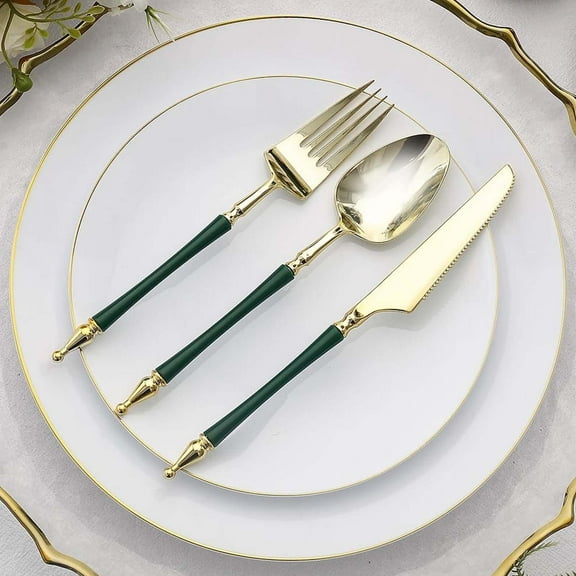 Efavormart 24 Pack | Gold / Hunter Emerald Glittered European Plastic Utensil Set With Roman Column Handle, Disposable Fork, Spoon And Knife Silverware