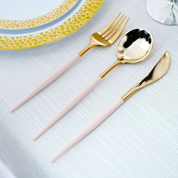 Efavormart 24 Pack | Metallic Gold Modern Silverware Set, Premium Plastic Cutlery Set With Rose Gold Handle - 8"