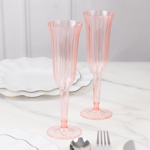Efavormart 24-Pack Plastic Champagne Flutes 6oz Transparent Blush Flared Design - Disposable Glasses with Detachable Base