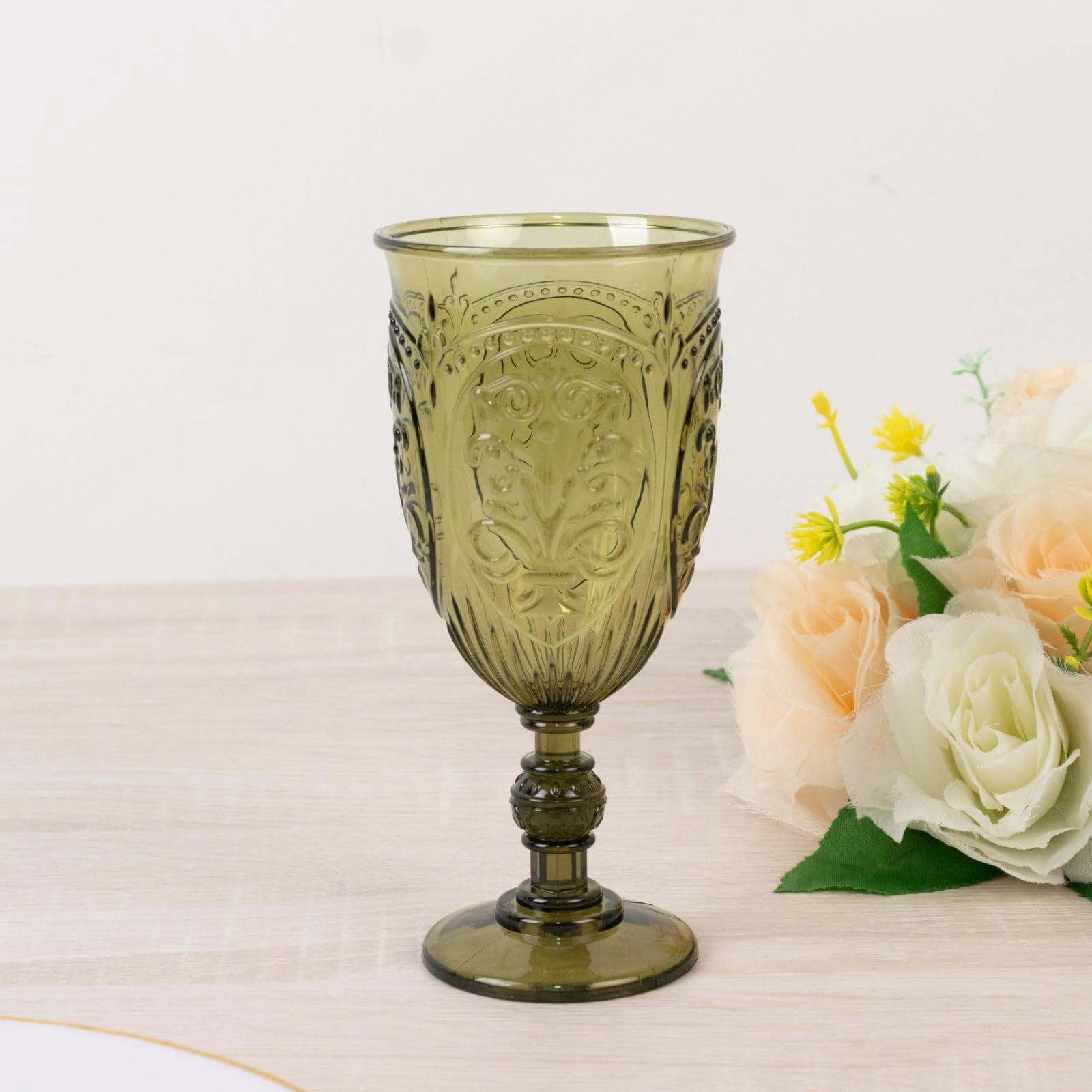 Efavormart 24-Pack Plastic Vintage Goblets – 10oz Transparent Dusty Sage Green Retro Embossed Wine Glasses, Elegant Water & Juice Cups - 7" Tall