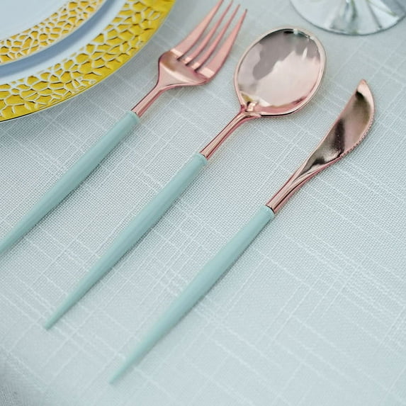 Efavormart 24 Pack | Rose Gold Modern Silverware Set, Premium Plastic Cutlery Set With Light Blue Handle - 8"