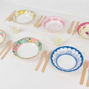 Efavormart 24 Pack Vintage Mixed Floral Dessert Salad Paper Bowls With Scalloped Edge, 7" Round Disposable Party Snack Bowls - 300GSM