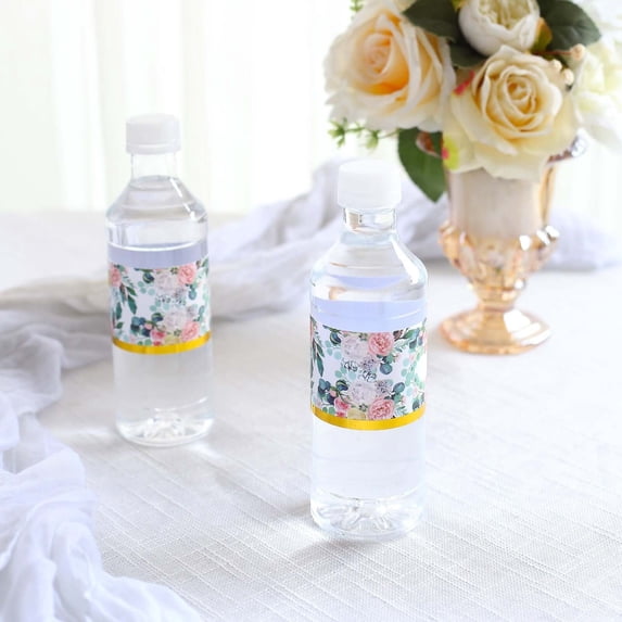 Efavormart 24 Pack White Pink Peony Floral Water Bottle Labels with Gold Trim, Waterproof Label Stickers