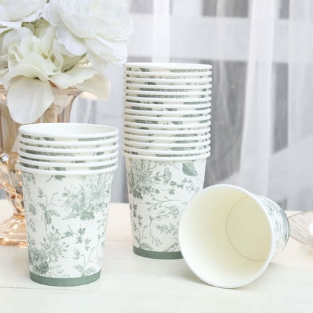 Efavormart 24 Pack White Sage Green French Toile Paper Cups, Elegant Disposable Party Cups - 9oz