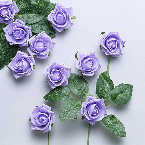 Efavormart 24 Roses | 2" Artificial Foam Rose With Stem And Leaves for Wedding Party Home Event Décor Wedding Anniversary Party - Lavender