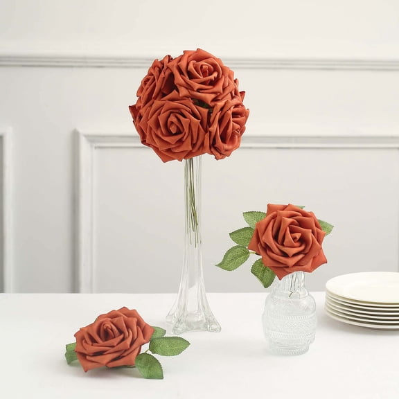 Efavormart 24 Roses | 5" Artificial Foam Rose With Stem And Leaves for Wedding Party Home Event Décor Wedding Anniversary Party - Terracotta