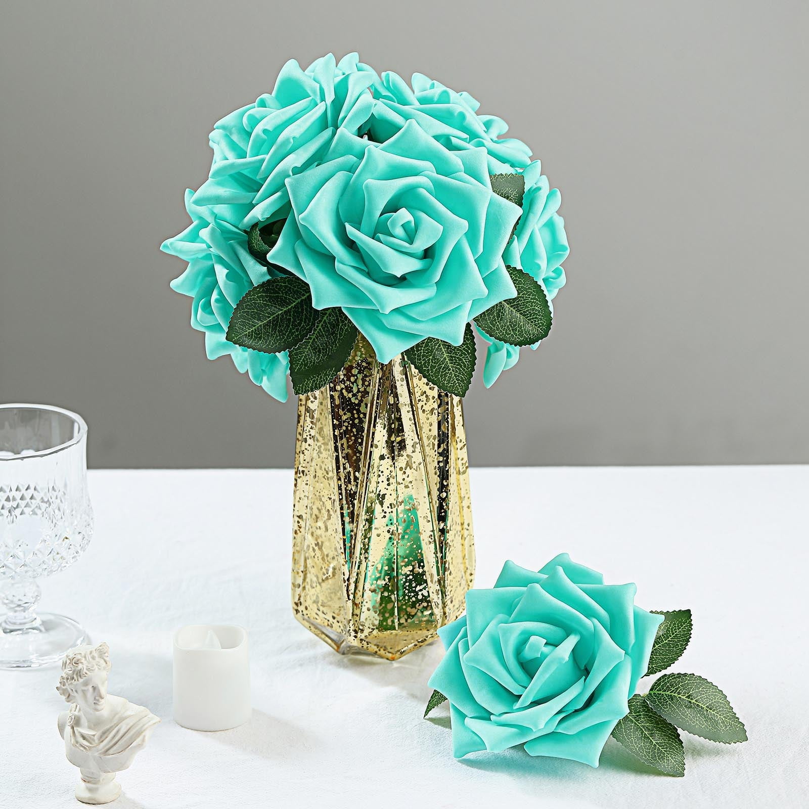 Efavormart 24Pcs Artificial Flowers Real Touch Turquoise Foam Roses ...