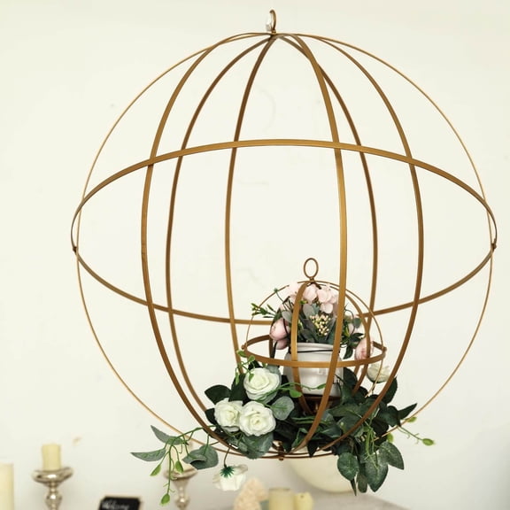 Efavormart 25" Gold Wrought Iron Folding Ball Floral Sphere | Geometric Hanging Vase Holder