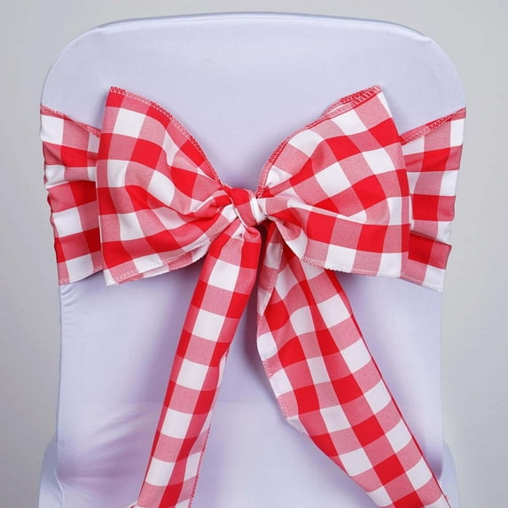 Efavormart 25 PCS Red/White Gingham Polyester Chair Sash Bowtie for Wedding Events Chair Bow Sash Party Decoration Supplies