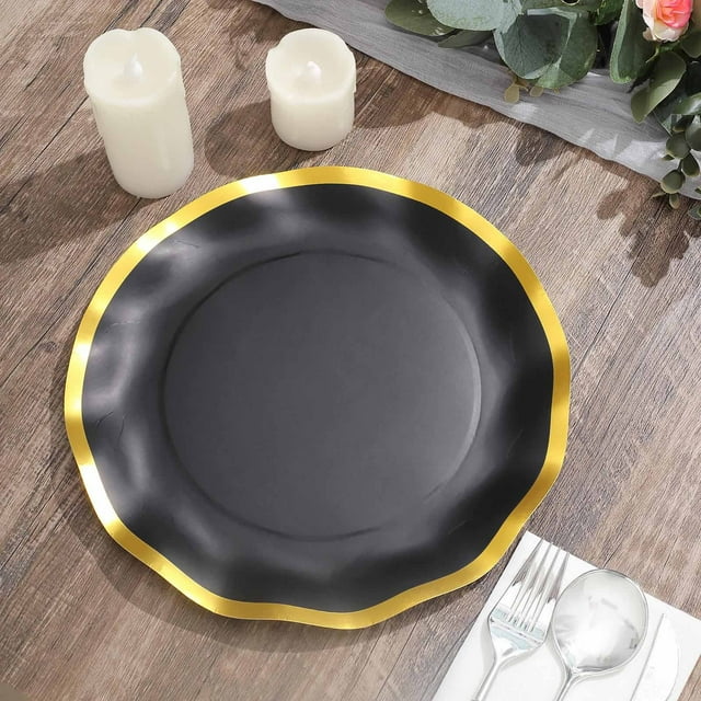 Efavormart 25 Pack | 10" Black / Gold Wavy Rim Paper Dinner Plates ...