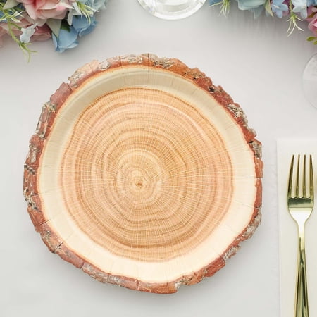 Efavormart 25 Pack | 10" Natural Farmhouse Wood Slice Paper Dessert Plates, Rustic Disposable Appetizer Salad Party Plates