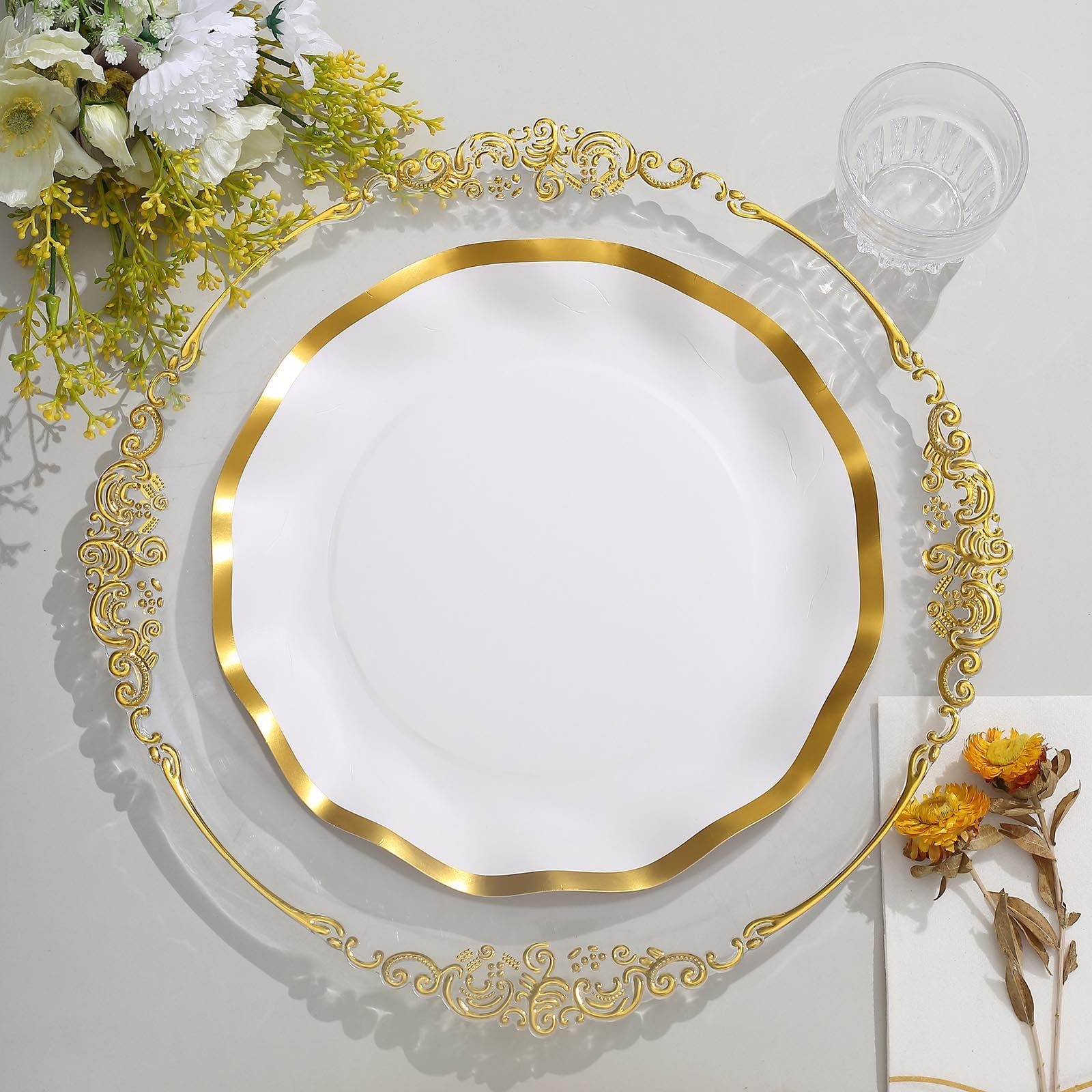 Efavormart 25 Pack | 10" White / Gold Wavy Rim Paper Dinner Plates ...