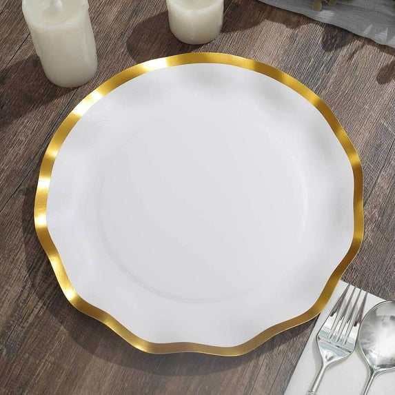 Efavormart 25 Pack | 10" White / Gold Wavy Rim Paper Dinner Plates, Disposable Round Party Plates – 350 GSM