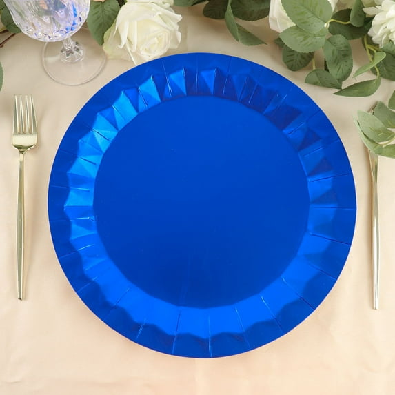 Efavormart 25 Pack | 12" Geometric Metallic Royal Blue Foil Large Dinner Paper Plates, Disposable Serving Party Plates - 400 GSM