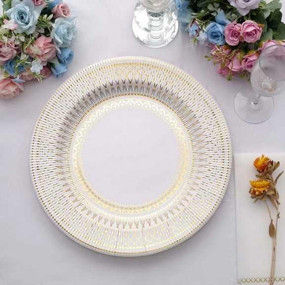Efavormart 25 Pack | 13" Gold / White Vintage Porcelain Style Dessert Paper Plates, Heavy Duty Disposable Party Plates - 300GSM
