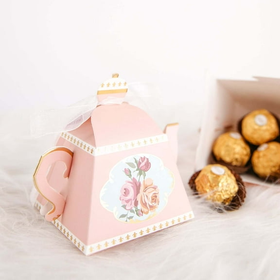 Efavormart 25 Pack | 4" Mini Teapot Favor Boxes Dusty Rose Tea Time Gift Box with Ribbon