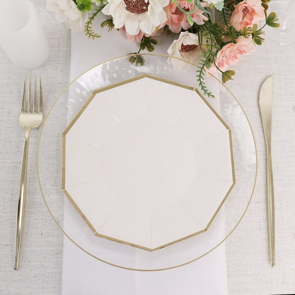 Efavormart 25 Pack | 7" Gold Rim White Decagon Dessert Appetizer Paper Plates, Salad Plates - 300 GSM