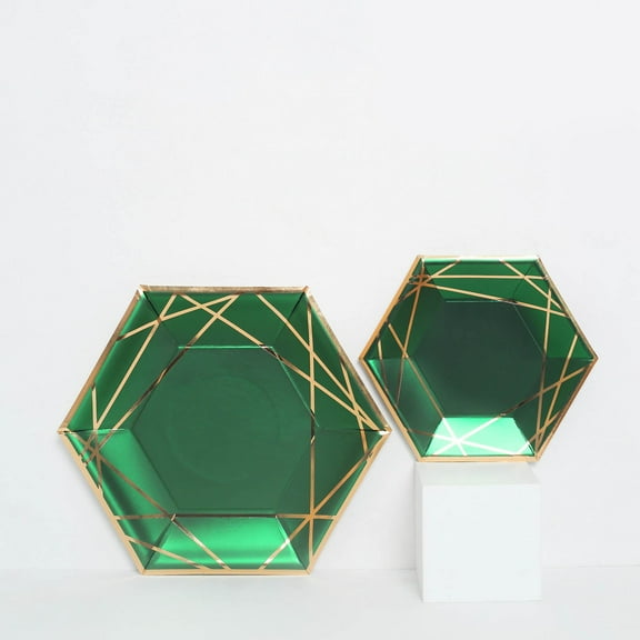Efavormart 25 Pack | 7" Hunter Emerald Green/Gold Hexagon Dessert Paper Plates, Appetizer Plates, Disposable Party Plates