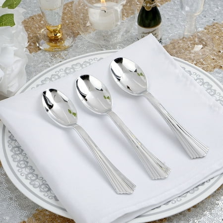 Efavormart 25 Pack | 7" Light Silver Heavy Duty Plastic Spoons with Fluted Handles, Disposable Utensils
