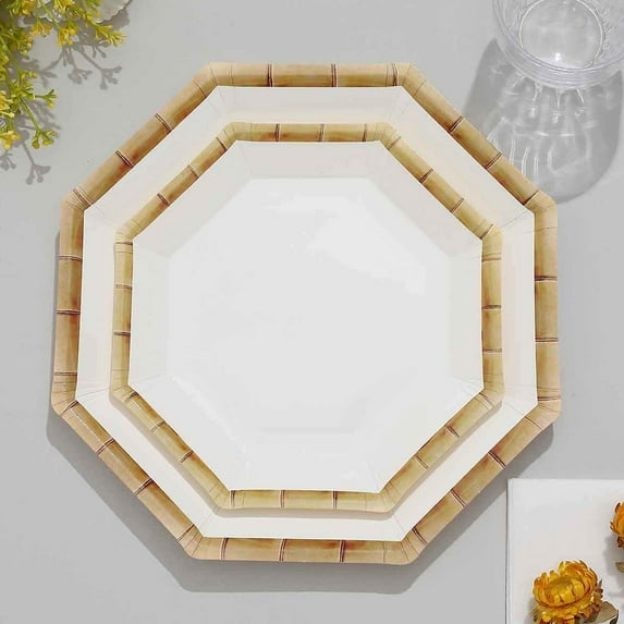 Efavormart 25 Pack | 7" White Bamboo Print Rim Geometric Dessert Paper Plates, Octagonal Disposable Appetizer Salad Party Plates