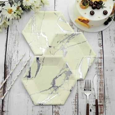 Efavormart 25 Pack - 8.5" White Dessert Salad Paper Plates, Hexagon Disposable Plate With Silver Foil Marble Design - 400 GSM for Wedding Receptions, Banquets, and Catered Events