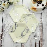 Efavormart 25 Pack - 8.5" White Dessert Salad Paper Plates, Hexagon Disposable Plate With Silver Foil Marble Design - 400 GSM for Wedding Receptions, Banquets, and Catered Events