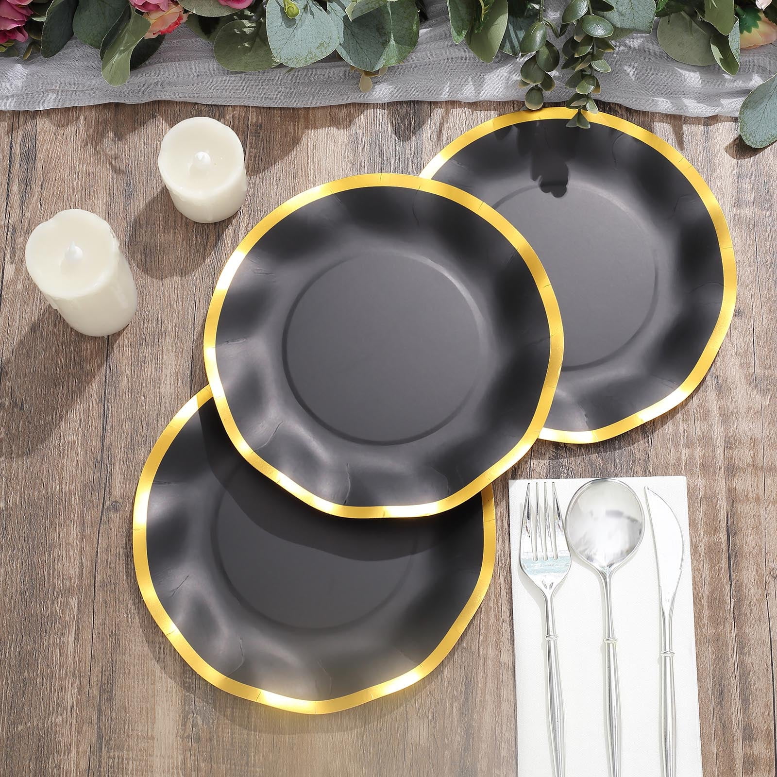Efavormart 25 Pack | 8" Black / Gold Wavy Rim Paper Dinner Plates ...