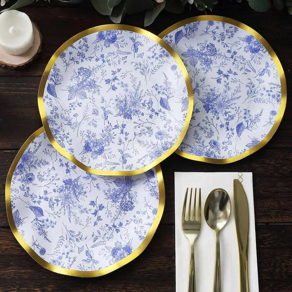 Efavormart 25 Pack | 8" White / Blue Chinoiserie Paper Dessert Appetizer Plates With Gold Wavy Rim, Disposable Round Floral Salad Party Plates