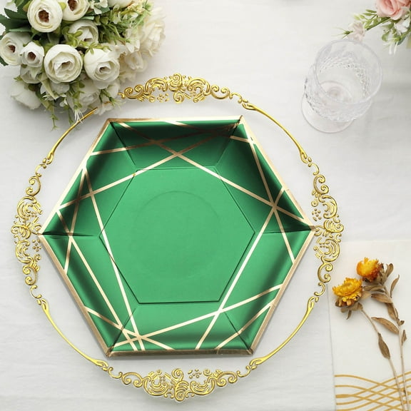 Efavormart 25 Pack | 9" Hunter Emerald Green / Gold Hexagon Dinner Paper Plates, Geometric Disposable Party Plates - 300 GSM