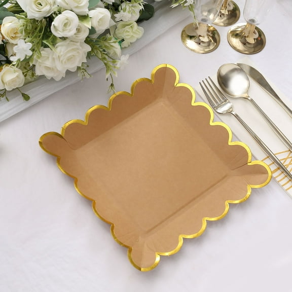 Efavormart 25 Pack | 9" Natural / Gold Scalloped Rim Square Paper Dinner Plates, Disposable Party Plates