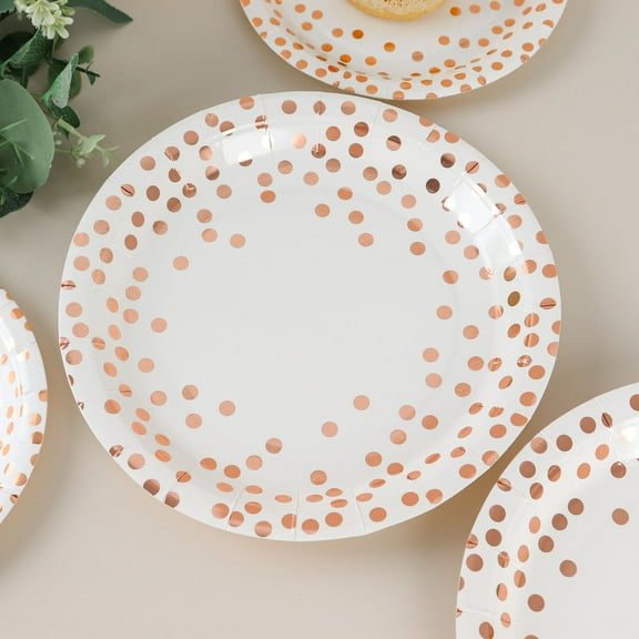 Efavormart 25 Pack | 9" White Metallic Rose Gold Polka Dot Dinner Paper Plates, Disposable Party Plates - 300 GSM