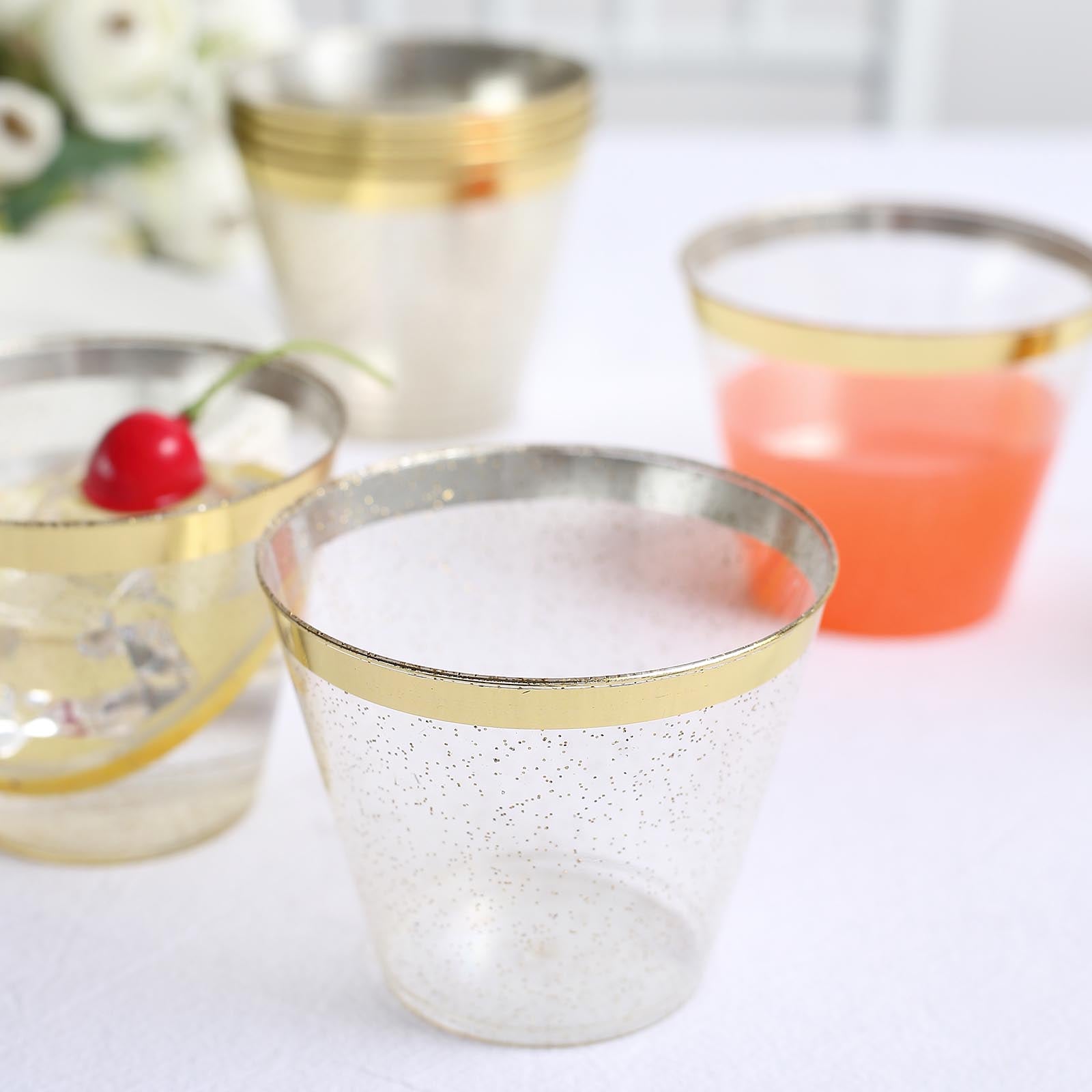 Efavormart 25 Pack | 9oz Clear Gold Glittered Rim Plastic Party Cups ...