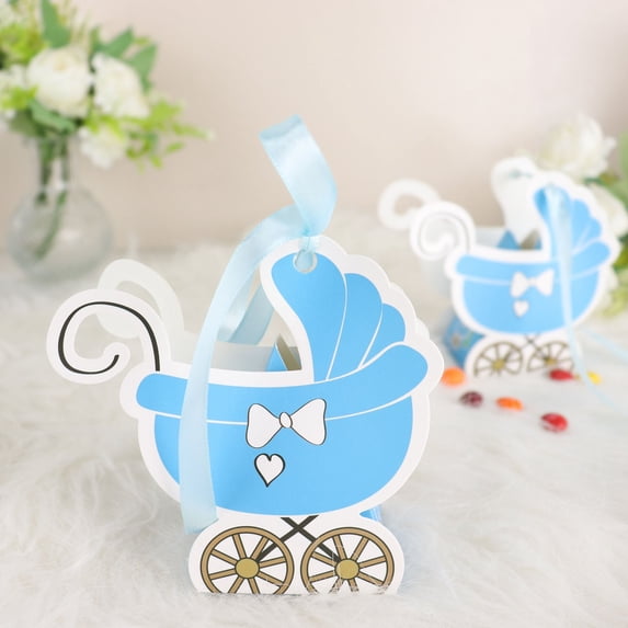 Efavormart 25 Pack | Blue Baby Paper Stroller Party Favor Gift Boxes, Cardstock Carriage Candy Boxes with Ribbon Ties - 4.5"x2"x4"
