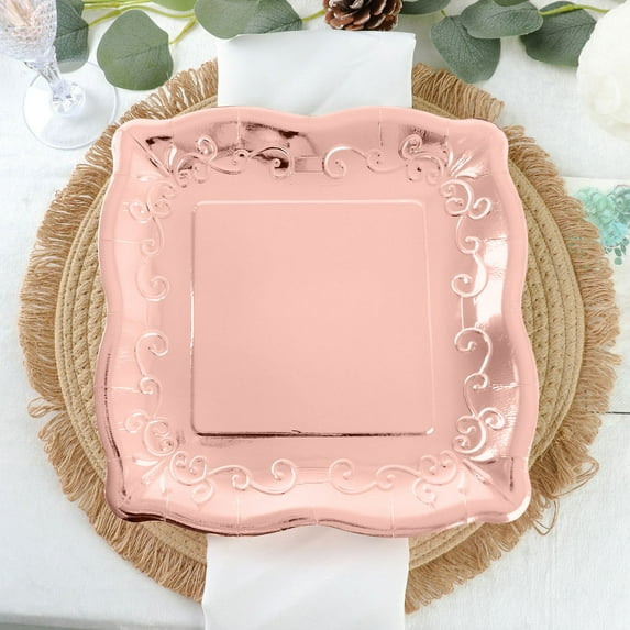 Efavormart 25 Pack | Blush/Rose Gold 11" Square Vintage Dinner Serving Paper Plates, Shiny Disposable Pottery Embossed Party Plates With Scroll Design Edge - 350 GSM