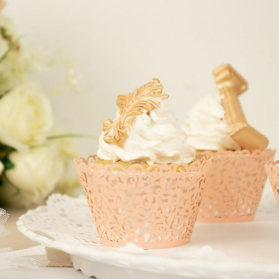 Efavormart 25 Pack | Blush Rose Gold Lace Laser Cut Paper Cupcake Wrappers, Muffin Baking Cup Trays