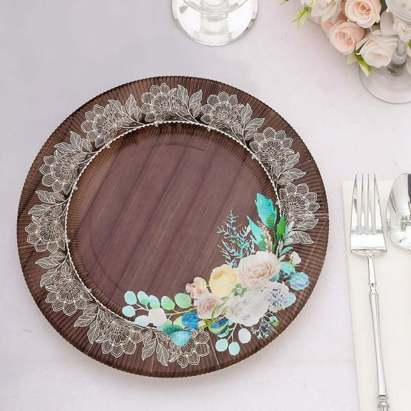 Efavormart 25 Pack Brown Rustic Wood Print 13" Paper Charger Plates With Floral Lace Rim, Round Disposable Serving Plates