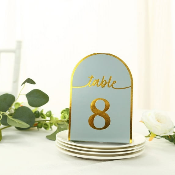 Efavormart 25 Pack Dusty Blue Arch Wedding Table Numbers with Metallic Gold Foil 1-25 Numbers Print, Free Standing Double Sided Paper Table Tent Sign Cards - 7"