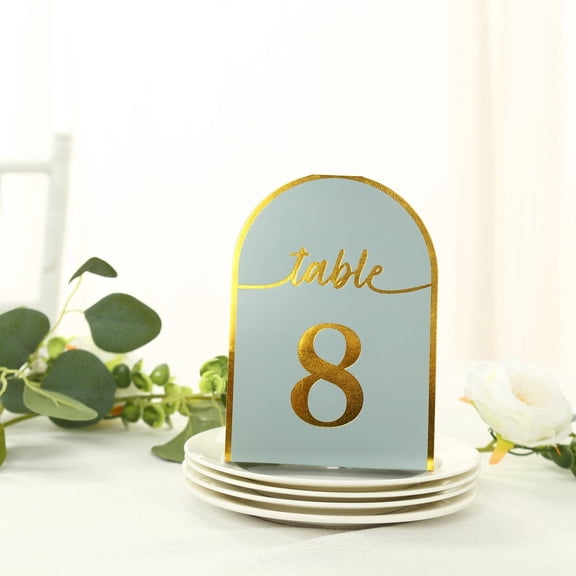 Efavormart 25 Pack Dusty Blue Arch Wedding Table Numbers with Metallic Gold Foil 1-25 Numbers Print, Free Standing Double Sided Paper Table Tent Sign Cards - 7"