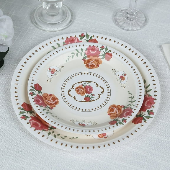 Efavormart 25 Pack Ivory Round Paper Dessert Plates with Rose Flowers Print, Disposable Floral Tea Party Appetizer Salad Plates - 7"