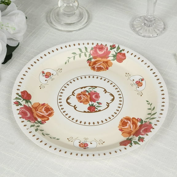 Efavormart 25 Pack Ivory Round Paper Dinner Plates with Rose Flowers Print, Disposable Floral Tea Party Plates - 9"