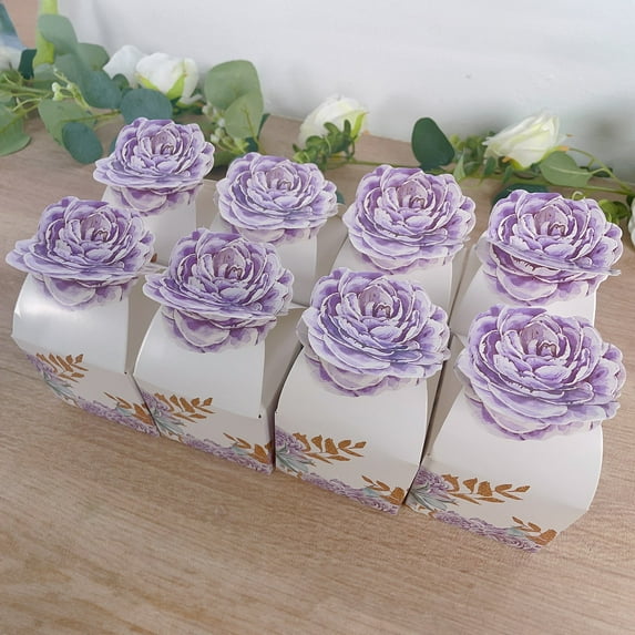 Efavormart 25 Pack Lavender Peony Floral Top Party Favor Boxes, Lilac Cardstock Paper Candy Gift Boxes - 3"x3"x5"