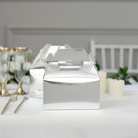 Efavormart 25 Pack | Metallic Silver Striped Party Favor Gift Tote Gable Box Bags, Candy Treat Boxes - 6"X3.5"X7"